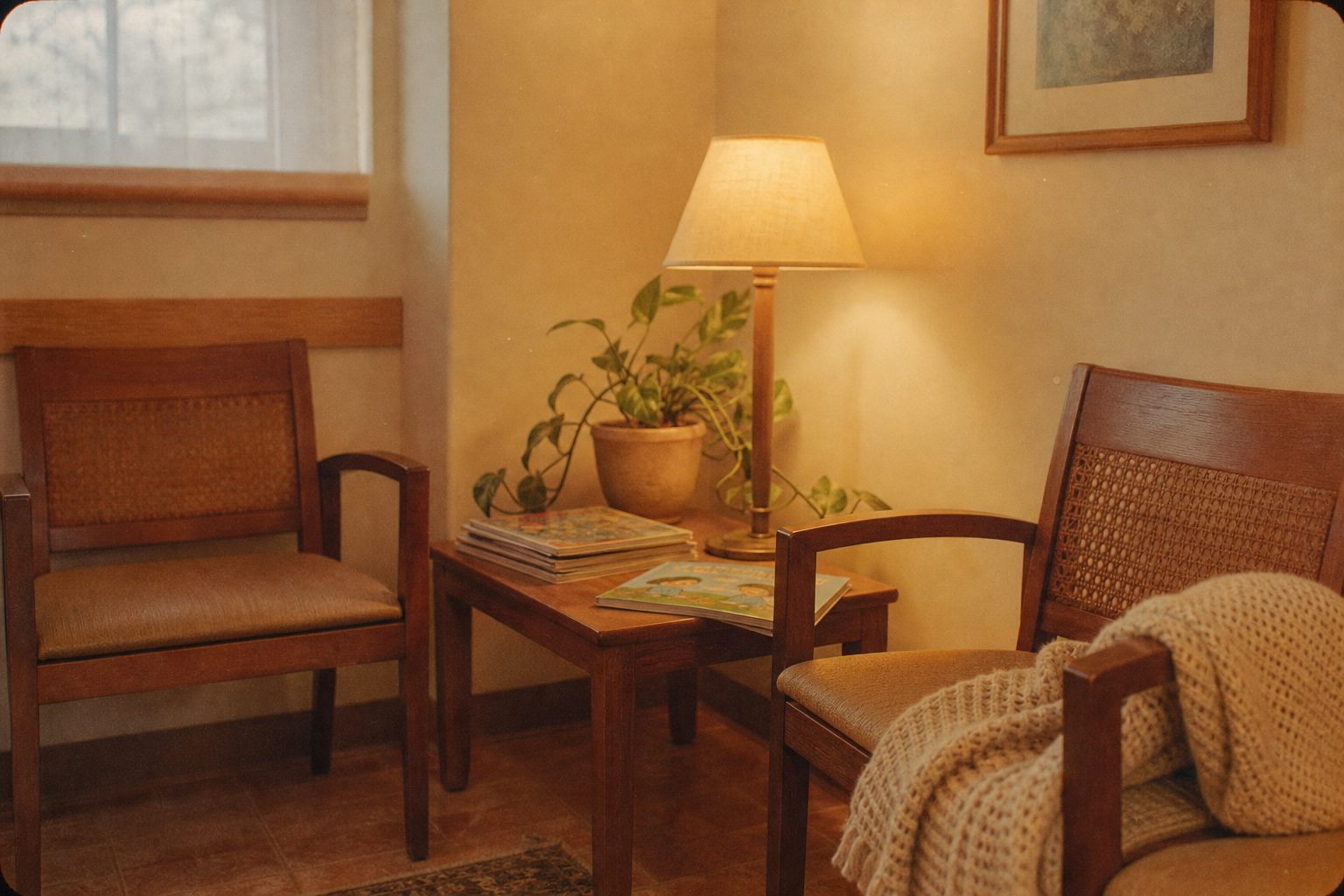 Family corner of the waiting room with wooden chairs, a lamp and a stack of books